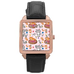 Cat Seamless Pattern Rose Gold Leather Watch 