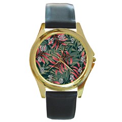 Trending Abstract Seamless Pattern With Colorful Tropical Leaves Plants Green Round Gold Metal Watch