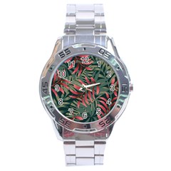 Trending Abstract Seamless Pattern With Colorful Tropical Leaves Plants Green Stainless Steel Analogue Watch