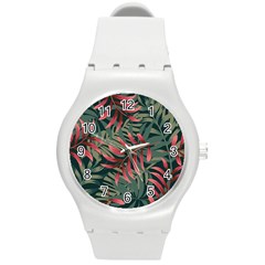 Trending Abstract Seamless Pattern With Colorful Tropical Leaves Plants Green Round Plastic Sport Watch (m)