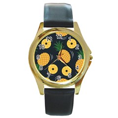 Seamless Pattern Pineapple Pattern Round Gold Metal Watch