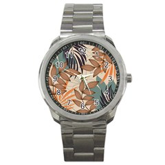 Trend Abstract Seamless Pattern With Colorful Tropical Leaves Plants Beige Sport Metal Watch by Vaneshart