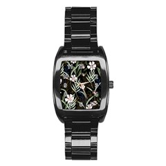 Trending Abstract Seamless Pattern With Colorful Tropical Leaves Plants Black Background Stainless Steel Barrel Watch