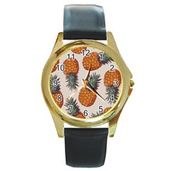 Seamless Pattern With Vector Illustrations Pineapples Round Gold Metal Watch by Vaneshart