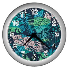 Seamless Abstract Pattern With Tropical Plants Wall Clock (silver)