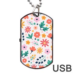 Flat Colorful Flowers Leaves Background Dog Tag Usb Flash (one Side)