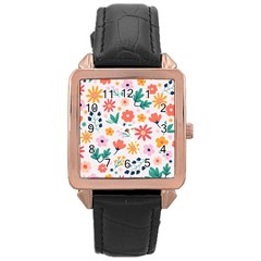 Flat Colorful Flowers Leaves Background Rose Gold Leather Watch 