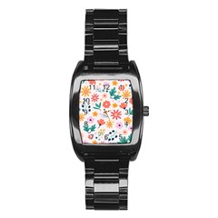 Flat Colorful Flowers Leaves Background Stainless Steel Barrel Watch