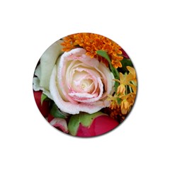 Floral Bouquet Orange Pink Rose Rubber Coaster (round)  by yoursparklingshop