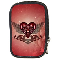 Awesome Heart With Skulls And Wings Compact Camera Leather Case by FantasyWorld7