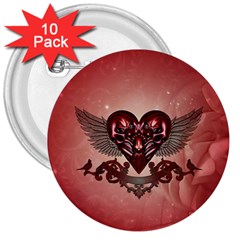 Awesome Heart With Skulls And Wings 3  Buttons (10 Pack)  by FantasyWorld7