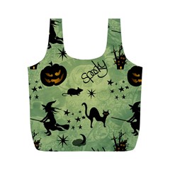 Funny Halloween Pattern With Witch, Cat And Pumpkin Full Print Recycle Bag (m) by FantasyWorld7