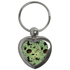 Funny Halloween Pattern With Witch, Cat And Pumpkin Key Chain (heart) by FantasyWorld7