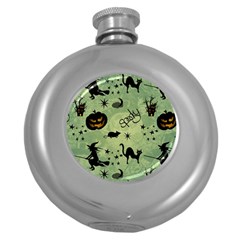 Funny Halloween Pattern With Witch, Cat And Pumpkin Round Hip Flask (5 Oz) by FantasyWorld7