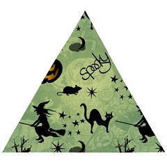 Funny Halloween Pattern With Witch, Cat And Pumpkin Wooden Puzzle Triangle by FantasyWorld7