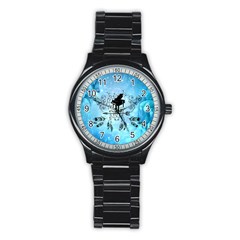 Piano With Feathers, Clef And Key Notes Stainless Steel Round Watch by FantasyWorld7