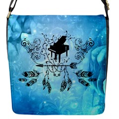 Piano With Feathers, Clef And Key Notes Flap Closure Messenger Bag (s) by FantasyWorld7