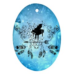 Piano With Feathers, Clef And Key Notes Oval Ornament (two Sides) by FantasyWorld7