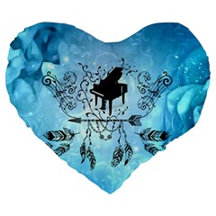 Piano With Feathers, Clef And Key Notes Large 19  Premium Heart Shape Cushions by FantasyWorld7