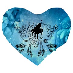 Piano With Feathers, Clef And Key Notes Large 19  Premium Flano Heart Shape Cushions by FantasyWorld7