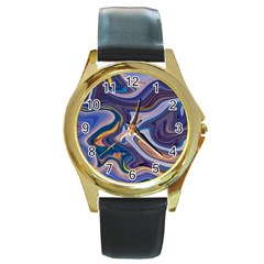 Liquid Marble Background Round Gold Metal Watch