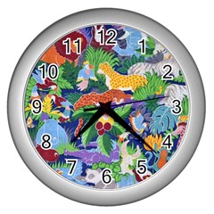 Animated Safari Animals Background Wall Clock (silver) by Vaneshart