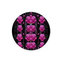 In The Dark Is Rain And Fantasy Flowers Decorative Rubber Round Coaster (4 Pack)  by pepitasart