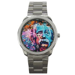 Albert Einstein Retro Wall Graffiti Blue Pink Orange Modern Urban Art Grunge Sport Metal Watch by snek