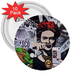 Frida Kahlo Brick Wall Graffiti Urban Art With Grunge Eye And Frog  3  Buttons (10 Pack)  by snek