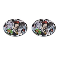 Frida Kahlo Brick Wall Graffiti Urban Art With Grunge Eye And Frog  Cufflinks (oval) by snek