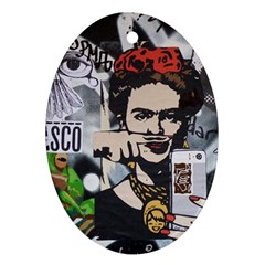 Frida Kahlo Brick Wall Graffiti Urban Art With Grunge Eye And Frog  Oval Ornament (two Sides) by snek