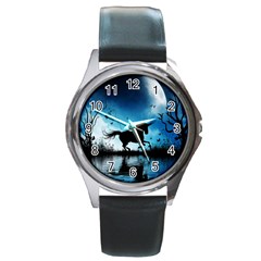 Wonderful Unicorn Silhouette In The Night Round Metal Watch by FantasyWorld7