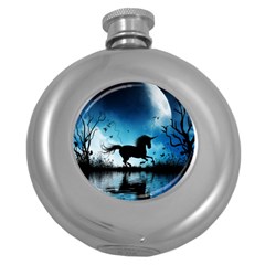 Wonderful Unicorn Silhouette In The Night Round Hip Flask (5 Oz) by FantasyWorld7