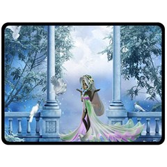 Cute Fairy With Dove Fleece Blanket (large)  by FantasyWorld7