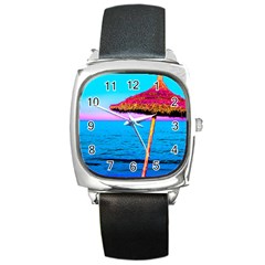 Pop Art Beach Umbrella  Square Metal Watch by essentialimage