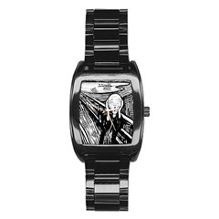 The Scream Edvard Munch 1893 Original Lithography Black And White Engraving Stainless Steel Barrel Watch by snek