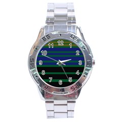 Black Stripes Green Olive Blue Stainless Steel Analogue Watch by BrightVibesDesign