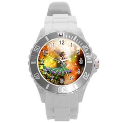 Cute Flying Fairy In The Night Round Plastic Sport Watch (l) by FantasyWorld7