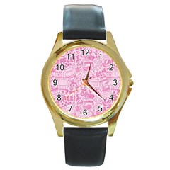 Coffee Pink Round Gold Metal Watch by Amoreluxe