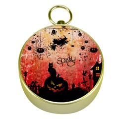 Funny Halloween Design, Cat, Pumpkin And Witch Gold Compasses by FantasyWorld7