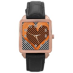 Heart Chess Board Checkerboard Rose Gold Leather Watch 