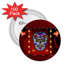 Awesome Sugar Skull With Hearts 2 25  Buttons (100 Pack)  by FantasyWorld7