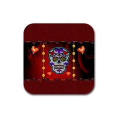 Awesome Sugar Skull With Hearts Rubber Square Coaster (4 Pack)  by FantasyWorld7