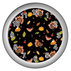 Thanksgiving Turkey Pattern Wall Clock (silver) by Valentinaart
