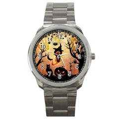 Funny Halloween Design, Pumpkin, Cat, Owl And Crow Sport Metal Watch by FantasyWorld7