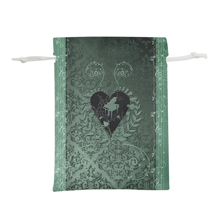 Elegant Heart With Piano And Clef On Damask Background Lightweight Drawstring Pouch (L)