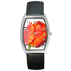 Tulip Watercolor Red And Black Stripes Barrel Style Metal Watch by picsaspassion