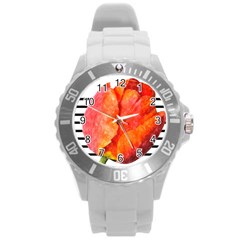 Tulip Watercolor Red And Black Stripes Round Plastic Sport Watch (l) by picsaspassion