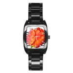 Tulip watercolor Red and black stripes Stainless Steel Barrel Watch Front