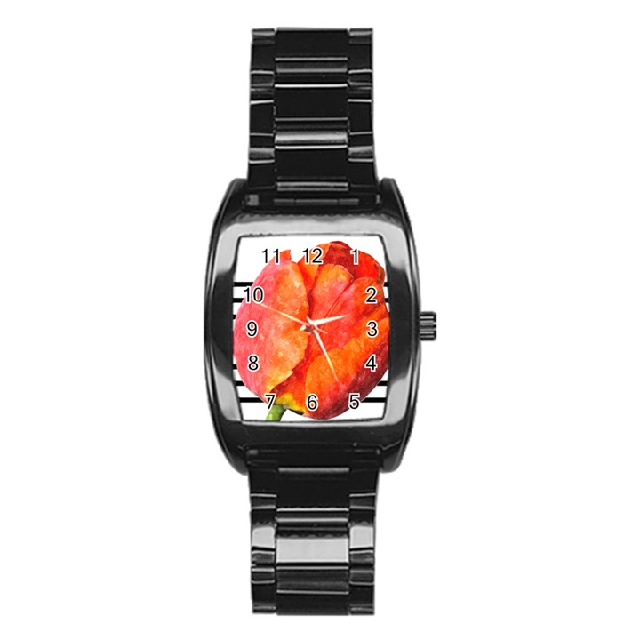 Tulip watercolor Red and black stripes Stainless Steel Barrel Watch